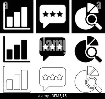 Icônes d'entreprise minimalistes présentant des graphiques en barres pour le retour d'information sur les progrès, les évaluations et les graphiques de recherche analytique. Illustration de Vecteur