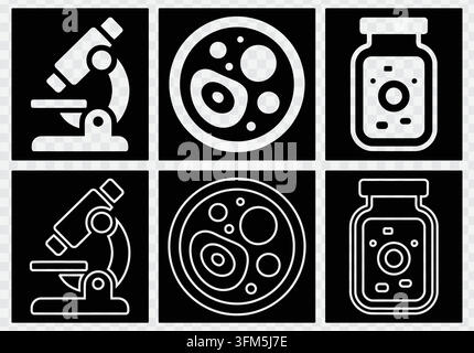 Icônes de microscope blanc et de boîte de Pétri affichées dans des tuiles noires. Symboles graphiques propres pour la conception dans les domaines de la santé et des biotechnologies. Illustration de Vecteur
