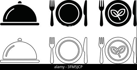 Icônes de plateau de service et d'assiette de dîner avec symboles de couverts et d'aliments biologiques en conception solide et contour pour menus. Illustration de Vecteur