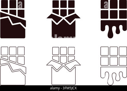 Six icônes de barres de chocolat montrant des designs emballés, ouverts et fondants présentés en styles noir uni et lignes fines. Illustration de Vecteur