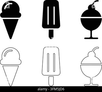 Six icônes simples de glaces représentant des variétés en cornet et en tasse dans un style de conception graphique vectorielle en noir uni et en contour. Illustration de Vecteur