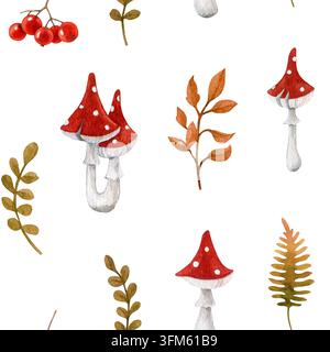 Motif sans couture de feuillage forestier automnal avec champignons agaric, baies, feuilles, illustration aquarellée sur fond blanc. Motif peint à la main pour Banque D'Images