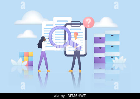 Personnes examinant des documents avec une loupe, une interface mobile, un point d'interrogation et des boîtes de rangement dans une scène de concept de recherche volumique douce sur fond bleu illustration vectorielle Illustration de Vecteur