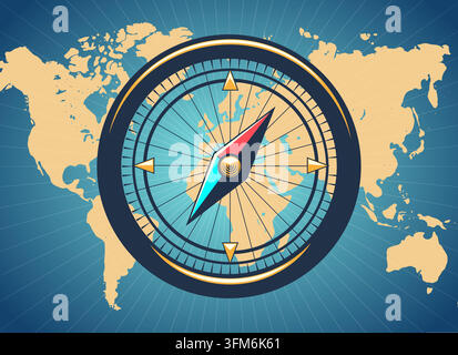 Compas de navigation sur une carte mondiale Illustration de Vecteur