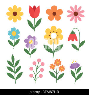 Ensemble de fleurs printanières colorées de formes et de tailles variées avec des feuilles vertes. Illustration de Vecteur