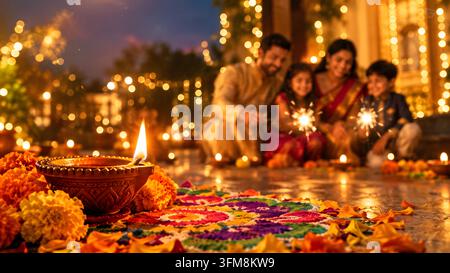 Célébration de Diwali avec Diya lumineux, Rangoli et pétards familiaux Banque D'Images