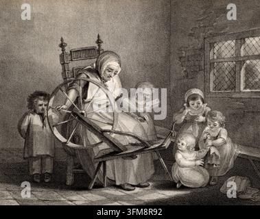 Une gravure représentant une école pour dames anglaise, montrant une enseignante filant tout en supervisant des enfants qui apprennent à lire et à coudre. Courantes aux XVIIIe et début du XIXe siècle, les écoles pour dames étaient des institutions privées informelles dirigées par des femmes qui offraient un enseignement rudimentaire dans leurs propres foyers tout en effectuant des tâches domestiques. La scène inclut un bouquet de brins de bouleau placé dans le support du rouet, un outil utilisé pour les punitions corporelles des élèves inattentifs ou indisciplinés. c.1780. Banque D'Images