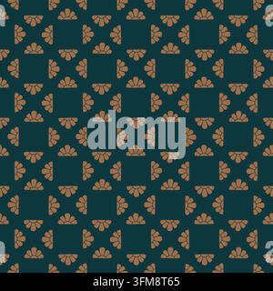 Motif de carrelage floral vintage sans couture avec des motifs de ventilateurs en terre cuite dans des carrés géométriques sur un fond bleu-vert profond. Motif vectoriel élégant art déco pour Illustration de Vecteur