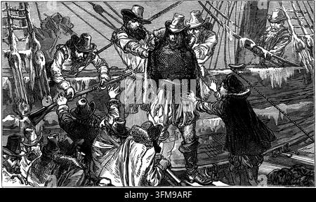 Une gravure sur bois représentant le navigateur anglais Henry Hudson (c. 1565–1611) étant abandonné dans une petite embarcation par son équipage en révolte sur le navire Discovery. Lors de son dernier voyage pour localiser le passage du Nord-Ouest, le navire de Hudson s’est retrouvé piégé dans les glaces de la baie de James, entraînant un hiver rigoureux et des rations épuisées. À l’arrivée du printemps, l’équipage s’est mutiné, forçant Hudson, son jeune fils John et sept autres membres d’équipage à prendre une barque avant de partir sous les voiles. Le groupe n’a jamais été revu et leur sort final reste une énigme de l’histoire maritime. c. 1880. Banque D'Images