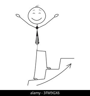 Figure en bâton minimal en noir et blanc célébrant en montant des escaliers avec une flèche vers le haut. Illustration simple en lignes dessinées à la main Illustration de Vecteur