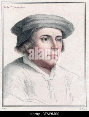 Une gravure au pointillisme représentant Richard Rich, 1er baron Rich (c. 1496–1567), qui a servi comme Lord Chancellor d’Angleterre pendant la dynastie Tudor (1485–1603). Monté au pouvoir grâce à son expertise juridique, Rich est historiquement rappelé pour son témoignage contre Sir Thomas More et sa survie à travers les règnes volatils de quatre monarques Tudor. Cette image a été produite par Robert Cooper d’après un dessin original de Hans Holbein le Jeune (c. 1497–1543). c. 1812. Banque D'Images