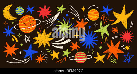Ensemble de gribouillis cosmiques colorés, étoiles, planètes, lunes, tourbillons, texture crayon rugueuse, éléments d'espace abstraits enfantins sur fond sombre, illustration vectorielle moderne ludique dessinée à la main Illustration de Vecteur