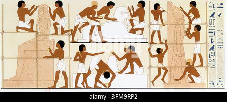 Une lithographie représentant des sculpteurs égyptiens anciens au travail sur des monuments royaux, basée sur des peintures murales de la tombe de Rekhmire (TT100) dans la nécropole d’Abd el-Qurna. La scène illustre différentes étapes de la production artistique pendant la XVIIIe dynastie (1550–1292 av. J.-C.), montrant des artisans sur des échafaudages en bois utilisant des outils manuels pour sculpter et polir une statue colossale assise, un sphinx et une figure debout d’un pharaon portant la Couronne Blanche. Ces représentations fournissent un aperçu significatif du travail organisé et des méthodes techniques employées par les ateliers d’État pendant le Nouvel Empire. Ceci Banque D'Images