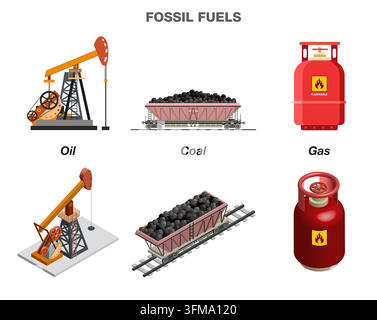 Ensemble d'icônes de combustibles fossiles en styles plats et isométriques. Illustrations vectorielles de pompage d'huile, wagon à hopper de train de charbon et cylindre de gaz. Illustration de Vecteur