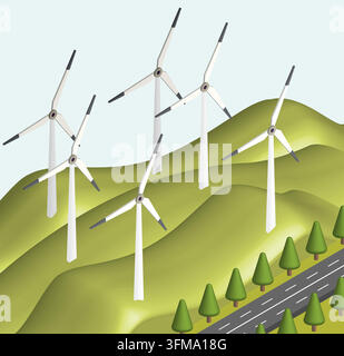 Diorama isométrique d'une ferme éolienne. Turbines d'énergie alternative renouvelable sur des collines vertes avec route et arbres, illustration vectorielle. Illustration de Vecteur