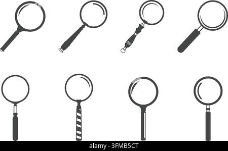 Ensemble d'icônes de loupe, symbole de recherche simple, isolé sur fond blanc. Illustration de Vecteur