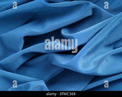 Arrière-plan en texture de tissu bleu profond et nervuré élégant avec des plis ondulés doux et un matériau textile détaillé en gros plan Banque D'Images
