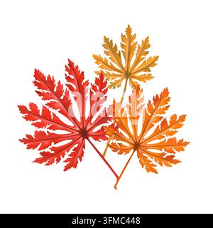 Cluster de feuilles d'érable asiatique en aquarelle aux couleurs vives rouge, orange et dorées d'automne. Arrangement botanique peint à la main pour cartes, invitations, étiquettes Banque D'Images