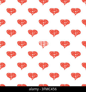 Motif répétitif sans couture de cœurs rouges dessinés à la main avec des traits de pinceau texturés sur fond blanc. Design décoratif romantique parfait pour la Saint-Valentin Illustration de Vecteur