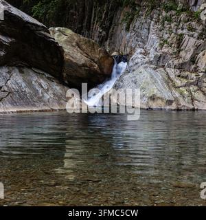 Rivière Sanzhanxi dans le parc national de Taroko. Une petite cascade se jette dans un bassin montagneux clair. Des formations rocheuses massives entourent le ruisseau. Banque D'Images