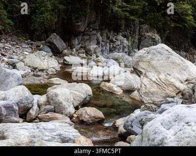 Ruisseau de montagne Sanzhanxi à Taïwan. De gros rochers blancs bordent l'eau claire de la rivière. Une forêt verte dense couvre les falaises abruptes. Banque D'Images