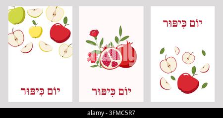 Ensemble de trois panneaux de Yom Kippour avec texte hébraïque, comprenant des pommes, des grenades et des fleurs. Des designs colorés et festifs parfaits pour les cartes de fête juives Banque D'Images