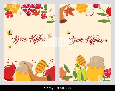 Ensemble de deux modèles de cartes de vœux pour Yom Kippour avec texte "Happy Yom Kippour", représentant des abeilles, des pots de miel, des cuillères à miel, des pommes, des grenades, un shofar, du miel Banque D'Images