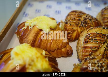 Assortiment de pâtisseries fraîchement cuites de style français, comprenant des croissants beurrés dorés avec des garnitures crémeuses et des pâtisseries feuilletées salées décorées de Banque D'Images