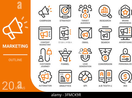 Collection d'icônes de schéma marketing pour le Web, l'application, l'UI, l'UX, le tableau de bord, la présentation et l'infographie ainsi que la conception imprimée Illustration de Vecteur