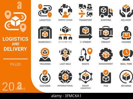 Collection d'icônes glyphes remplies pour la logistique et la livraison pour le web, l'application, l'UI, l'UX, le tableau de bord, la présentation, l'infographie et la conception imprimée Illustration de Vecteur