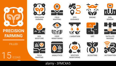 collection d'icônes glyphes remplies pour l'agriculture de précision et la ferme intelligente pour le Web, l'application, l'UI, l'UX, le tableau de bord, la présentation et l'infographie et la conception imprimée Illustration de Vecteur