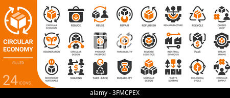 Collection d’icônes glyphes pour l’économie circulaire pour le Web, l’application, l’interface utilisateur, l’expérience utilisateur, le tableau de bord, la présentation et l’infographie ainsi que la conception imprimée Illustration de Vecteur