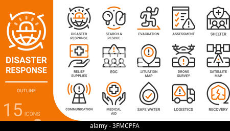 Collection d'icônes de réponse aux catastrophes pour le Web, l'application, l'interface utilisateur, l'expérience utilisateur, le tableau de bord, la présentation et l'infographie ainsi que la conception imprimée Illustration de Vecteur