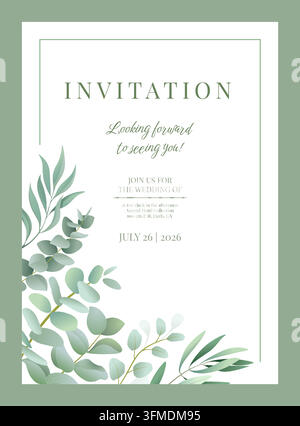 Carte d'invitation de mariage. Papier à lettres botanique minimaliste avec feuilles d'eucalyptus vertes, typographie élégante et bordure encadrée, annonce d'événement formelle et modèle de conception imprimé. Illustration vectorielle Illustration de Vecteur