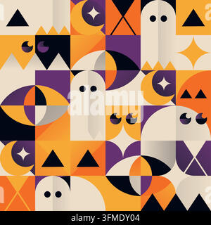 Formes géométriques d'Halloween et fantômes Motif vectoriel sans couture Illustration de Vecteur