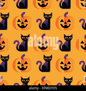 Motif vectoriel sans couture citrouilles d'Halloween et chats noirs Illustration de Vecteur