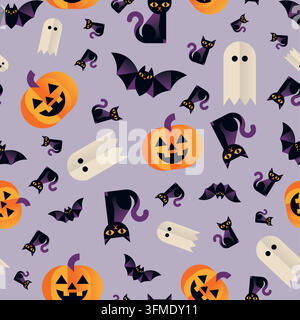 Chats mignons d'Halloween citrouilles fantômes et chauves-souris Motif vectoriel sans couture Illustration de Vecteur