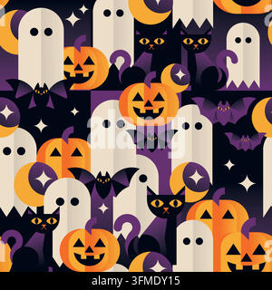 Motif vectoriel sans couture d'Halloween avec fantômes, chats noirs, citrouilles et chauves-souris Illustration de Vecteur