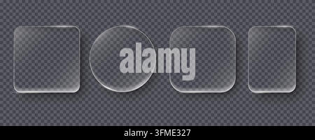 Composants d'interface utilisateur à effet de verre moderne avec une apparence acrylique transparente, des réflexions réalistes et des ombres subtiles. Panneaux d'interface de style vectoriel adaptés à la conception d'applications, de sites web, de widgets et de projets d'interface utilisateur. Illustration vectorielle Illustration de Vecteur