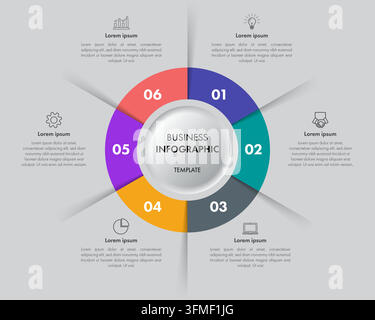 Modèle d'infographie commerciale circulaire à 6 étapes avec centre néomorphe Illustration de Vecteur