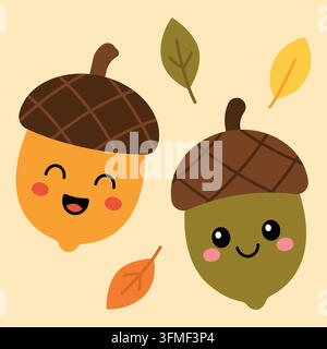 Deux glands kawaii avec des visages souriants, entourés de feuilles d'automne colorées. Le fond est d'un beige doux, mettant en valeur le thème mignon de l'automne. Illustration de Vecteur