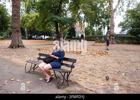 FEMME SUR UN BANK REGARDANT SON TÉLÉPHONE, CENTRAL LONDON APRÈS LA SÉCHERESSE, REPORTAGE, LONDRES, ANGLETERRE, 2026 : Une femme en robe bleue est assise sur un banc de parc et regarde son téléphone, entourée d'herbe sèche et de feuilles d'automne clairsemées. Tavistock Square et Russell Square au centre de Londres avaient un aspect automnal en août après la sécheresse d'un mois et doivent être nettoyés des feuilles brunes tombées. INFO : L'été le plus chaud jamais enregistré au Royaume-Uni en 2026 a déclenché une sécheresse sévère, asséchant les rivières et laissant les champs bruns. Cela a provoqué une récolte record, obligeant à des restrictions d'eau pour 30 millions de personnes à travers l'Angleterre Banque D'Images
