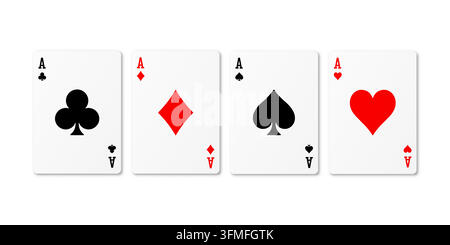 Quatre as sont affichés sur une table. Chaque carte montre une couleur différente : trèfle, carreau, pique et cœur. Le cadre suggère une partie de poker décontractée. Illustration vectorielle avec ombre portée. Illustration de Vecteur