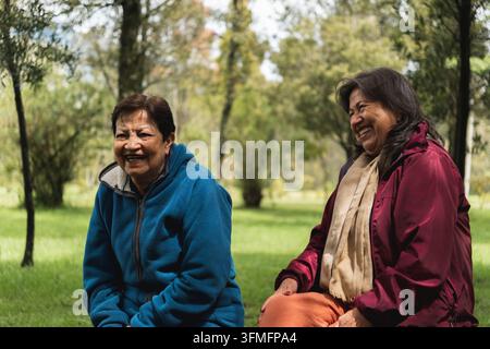Deux amies âgées riant ensemble tout en conversant en plein air Banque D'Images