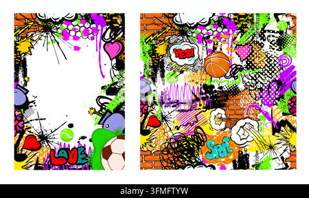 Un ensemble de cadres de jeunesse de rue à la mode avec graffiti. Fond sportif de graffiti sans couture. Dessiné à la main. Pas ai, illustration vectorielle. Illustration de Vecteur