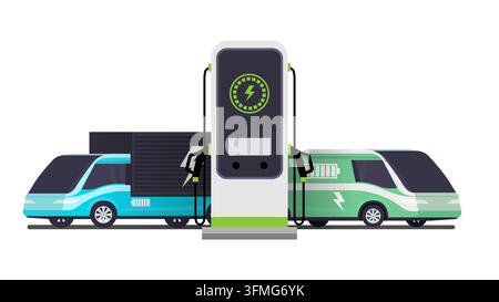 Une illustration vectorielle plate d'une station de charge pour véhicules électriques avec un camion électrique moderne et une camionnette électrique verte. Concept d'énergie propre, sus Illustration de Vecteur