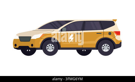 Une illustration vectorielle plate d'un SUV électrique jaune moderne avec un logo en forme d'éclair, affiché de profil, représentant un transport écologique Illustration de Vecteur