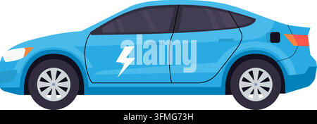 Une illustration vectorielle en vue latérale d'un véhicule électrique bleu moderne avec un symbole d'éclair sur la porte, représentant le transport durable Illustration de Vecteur
