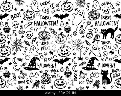 Motif sans fin mignon de gribouillis d'Halloween avec des citrouilles, des fantômes et des chauves-souris Illustration de Vecteur