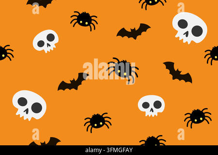 Motif sans couture d’Halloween avec crânes, chauves-souris et araignées sur fond orange Illustration de Vecteur